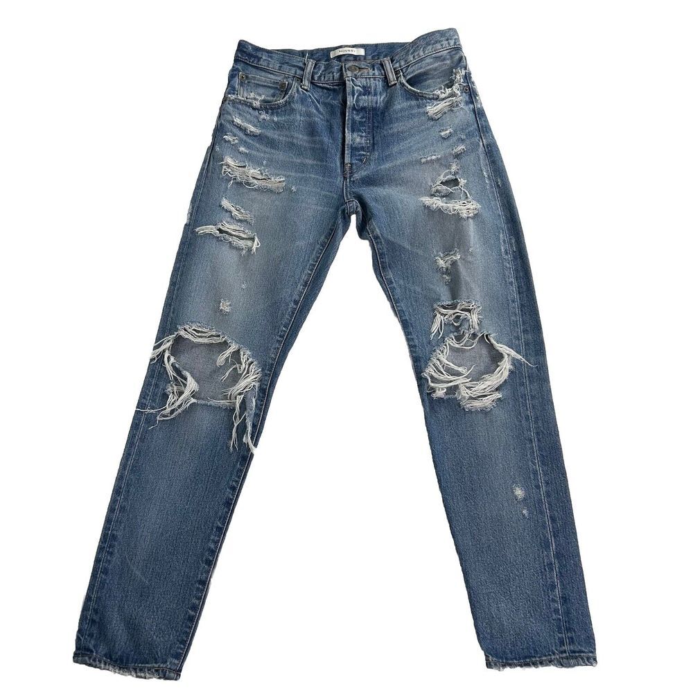 Moussy Distressed Boot Cut Jeans in Medium Blue